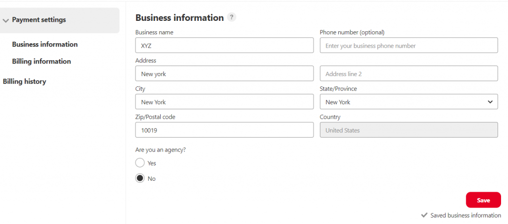 fill billing business info